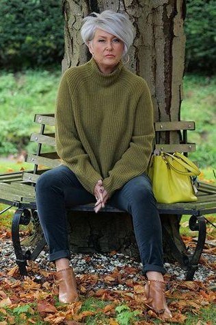 Olive Green Turtleneck with Dark Jeans winter outfit for women over 50