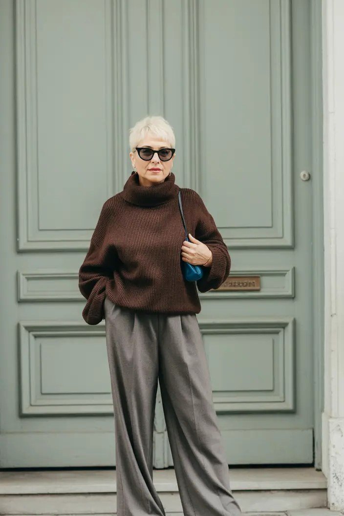 Chocolate Brown Turtleneck with Gray Trousers winter outfit for women over 50