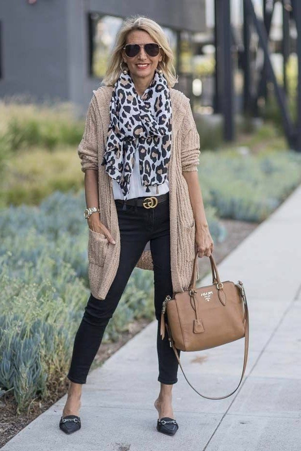 Beige Knit Cardigan with Leopard Scarf winter outfit for women over 50