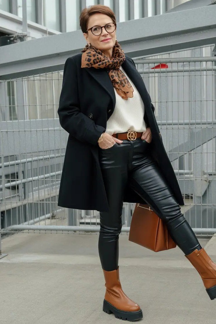 Black Wool Coat with Leather Pants winter outfit for women over 50