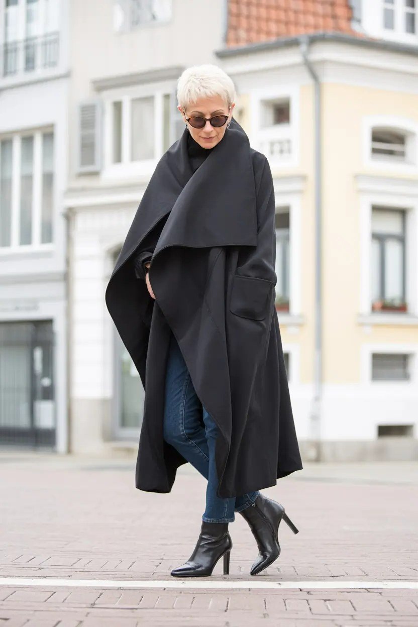 Black Oversized Wool Coat with Dark Jeans winter outfit for women over 50