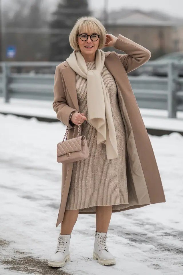 Beige Wool Wrap Coat with White Boots winter outfit for women over 50