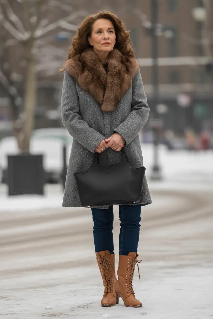 Gray Wool Coat with Brown Fur Collar winter outfit for women over 50