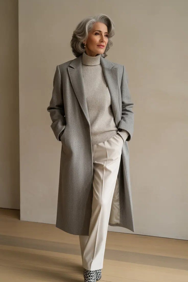 Light Gray Wool Coat with Cream Wide Pants winter outfit for women over 50
