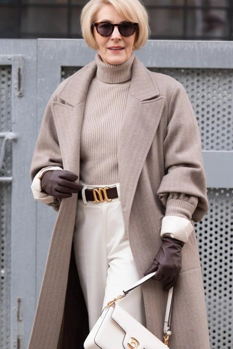 Beige Wool Coat with White Wide Pants winter outfit for women over 50