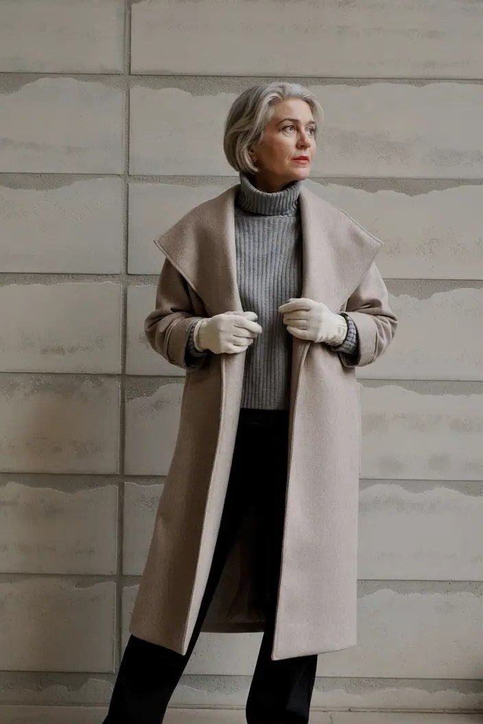 Beige Wool Coat with Black Wide Pants winter outfit for women over 50