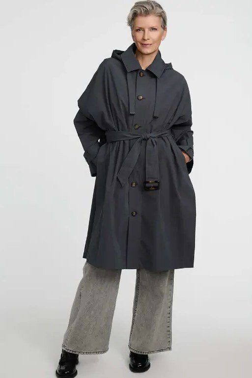 Black Belted Wool Coat with Gray Pants winter outfit for women over 50