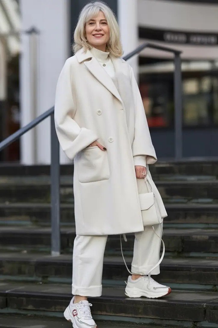 White Wool Coat with White Wide Pants winter outfit for women over 50