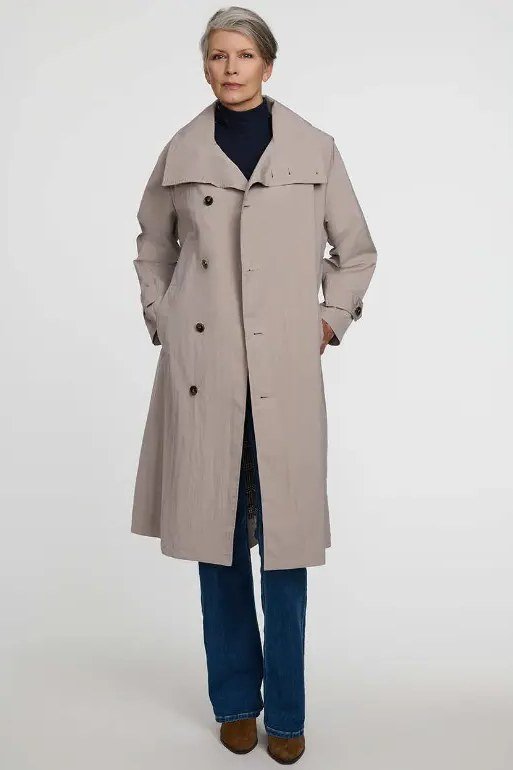 Beige Trench Coat with Blue Jeans winter outfit for women over 50