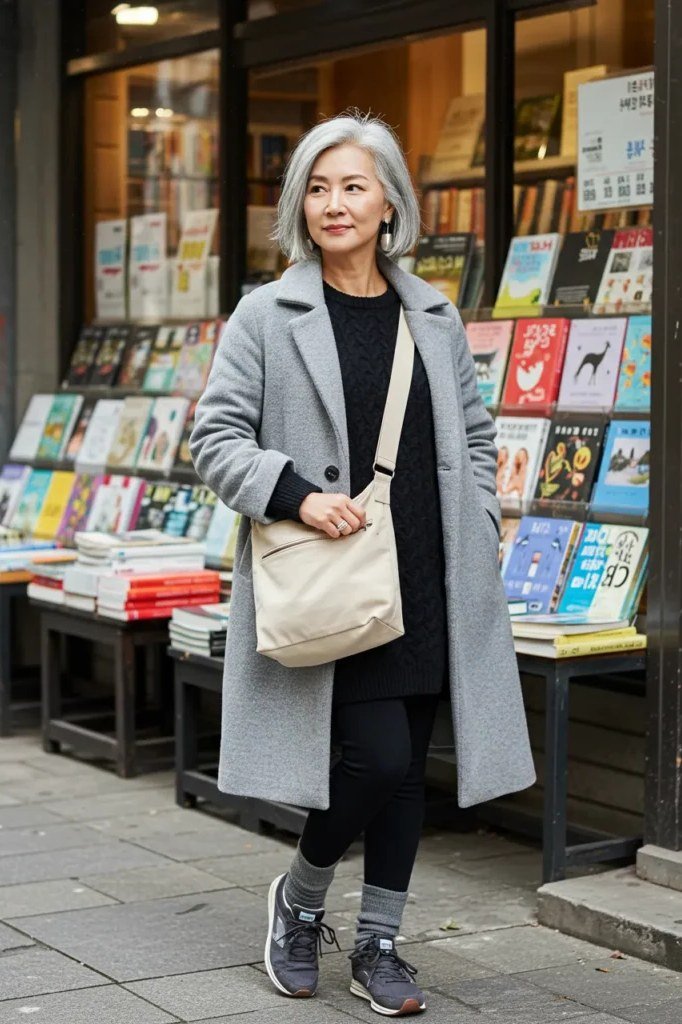 Light Gray Wool Coat at the Bookstore winter outfit for women over 50