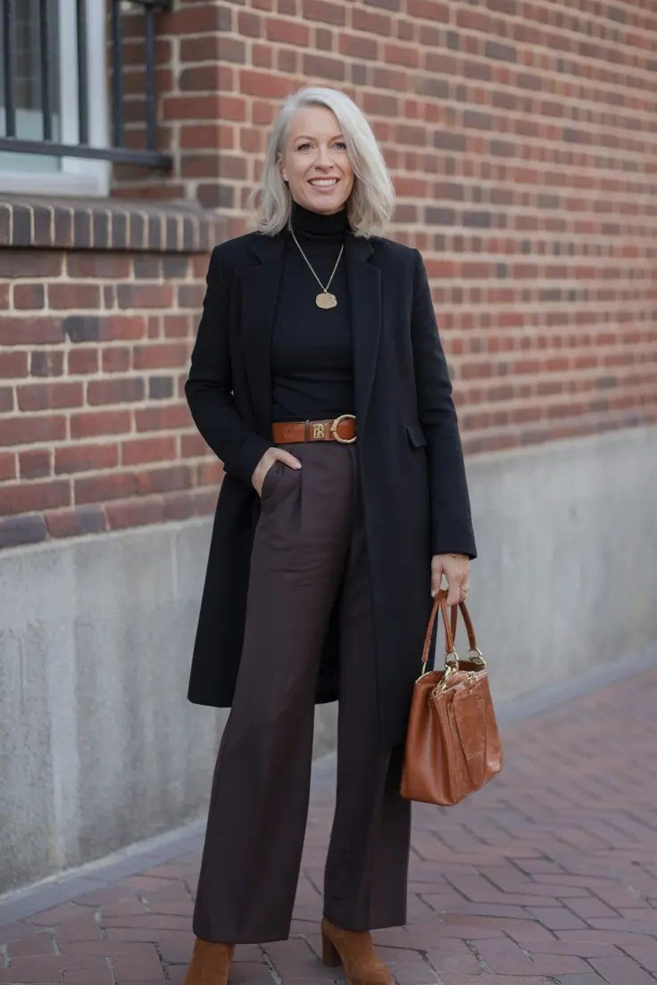 Black Wool Coat with Brown Wide Pants winter outfit for women over 50