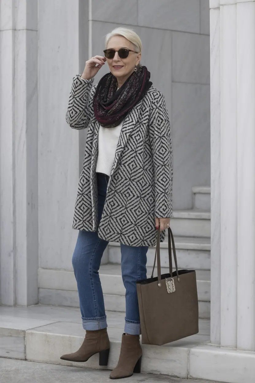 Gray Houndstooth Coat with Blue Jeans winter outfit for women over 50
