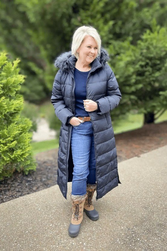 Navy Hooded Puffer with Duck Boots winter outfit for women over 50