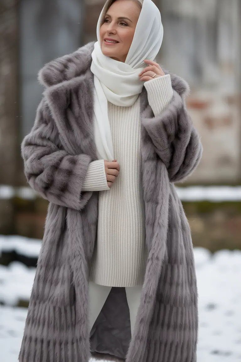 Gray Faux-Fur Coat in Snowy Trees winter outfit for women over 50