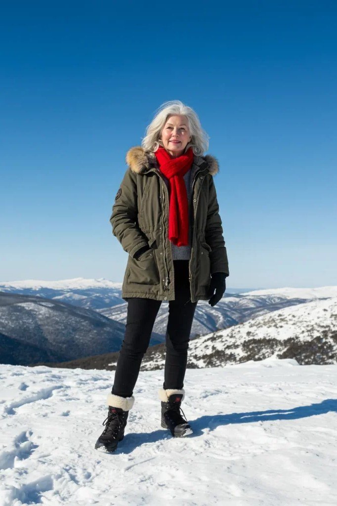 Olive Green Parka with Fur Hood winter outfit for women over 50