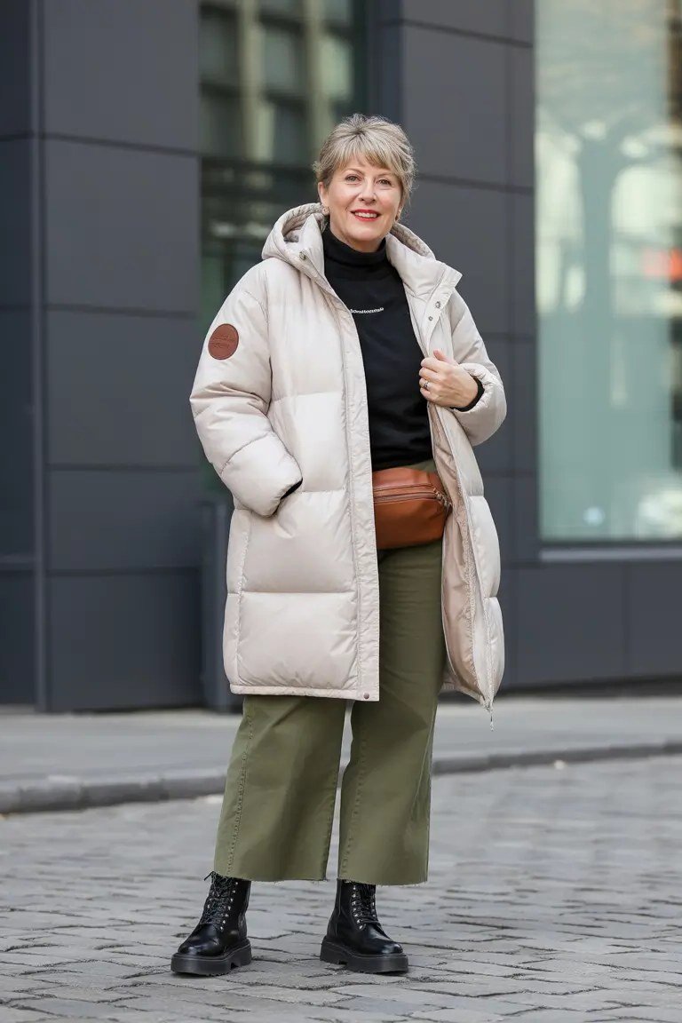 White Puffer with Olive Wide Pants winter outfit for women over 50