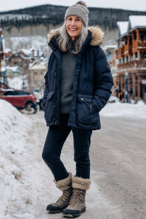 Navy Parka with Fur-Trim Boots in Snow winter outfit for women over 50