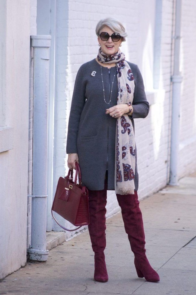 Charcoal Coat Dress with Burgundy Boots winter outfit for women over 50