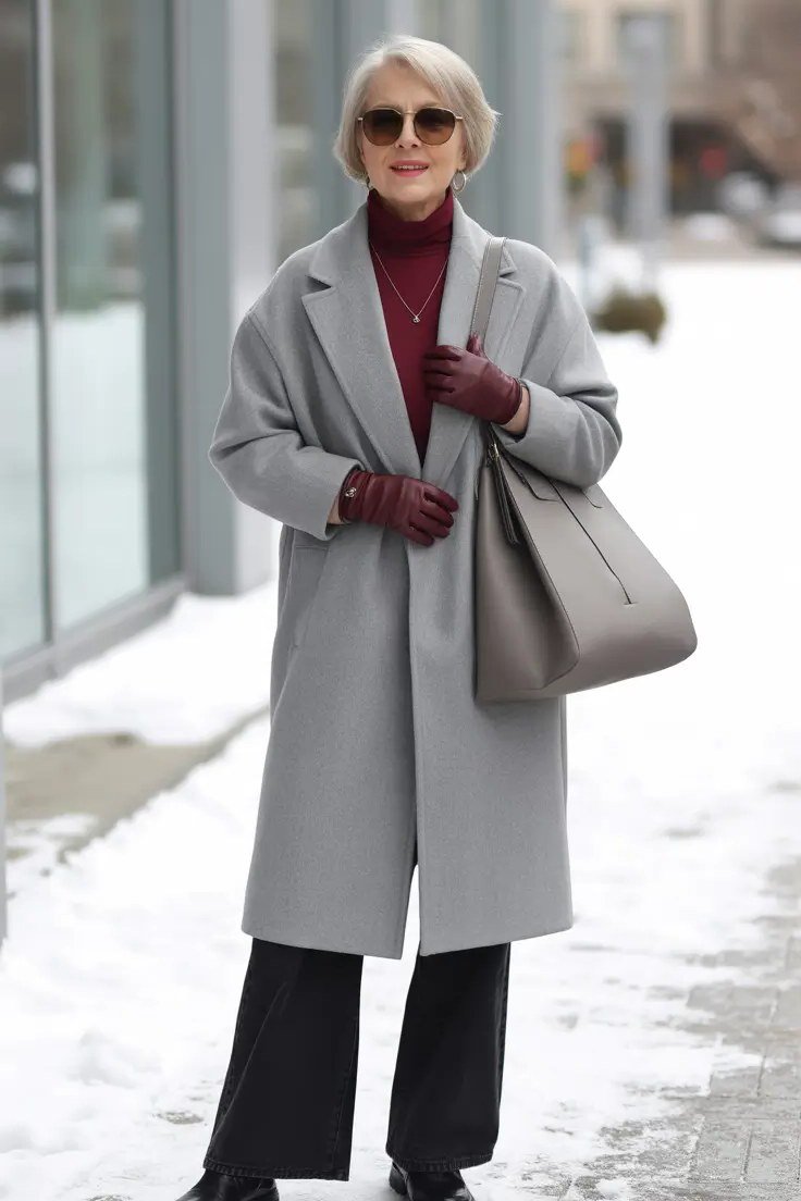 Gray Wool Coat with Burgundy Turtleneck winter outfit for women over 50