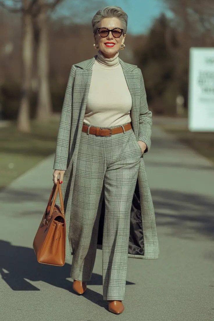 Sage Green Suit with Tan Accessories winter outfit for women over 50