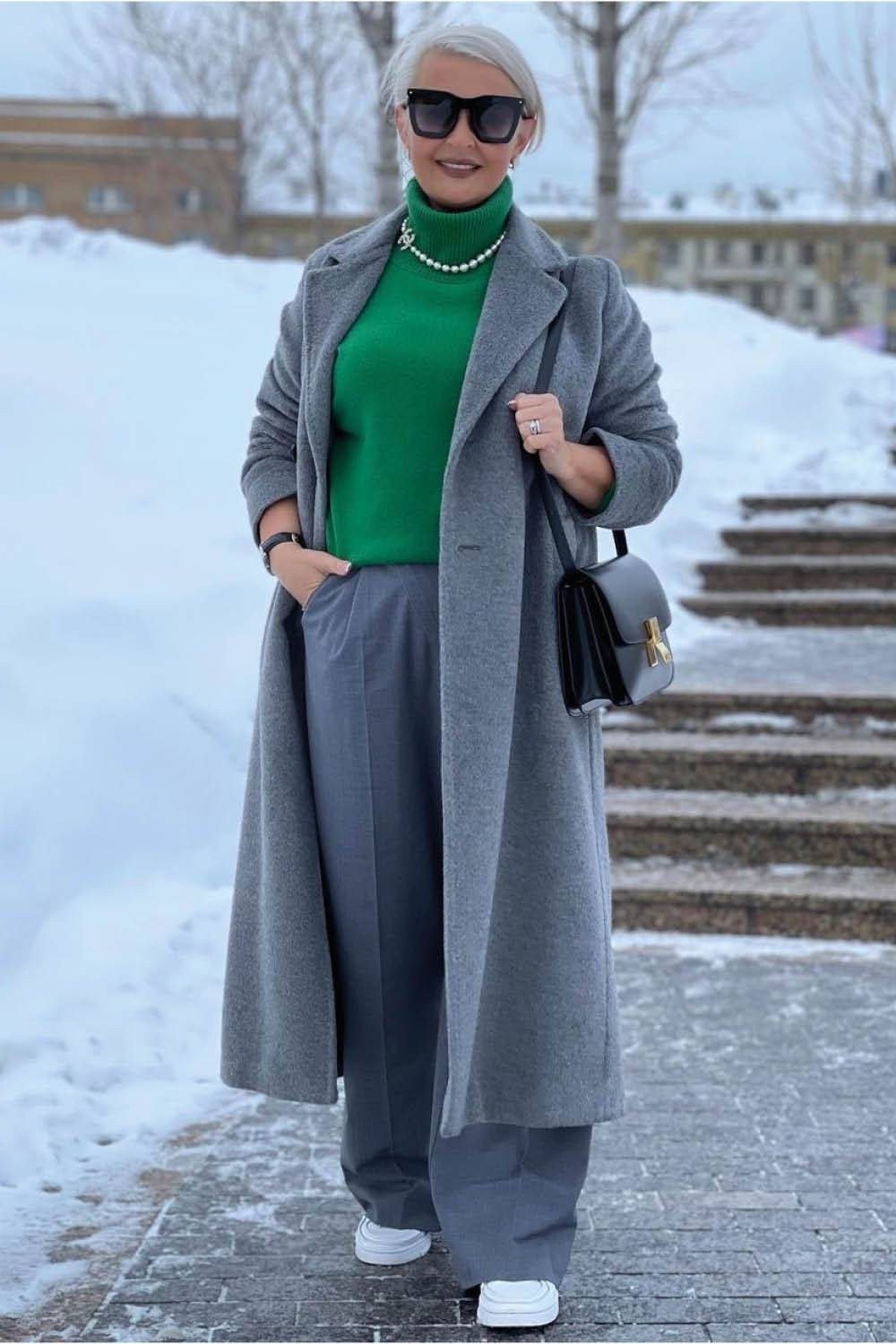 Gray Coat with Emerald Green Turtleneck winter outfit for women over 50