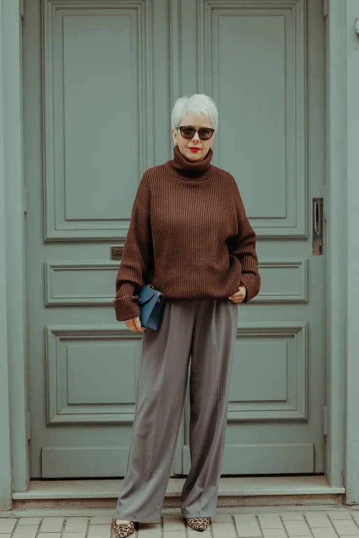 Rust Brown Turtleneck with Gray Wide Pants winter outfit for women over 50