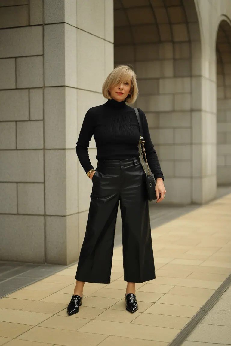 Black Turtleneck with Black Wide Pants winter outfit for women over 50