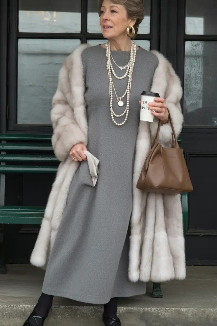 Gray Midi Dress with Cream Fur Coat winter outfit for women over 50