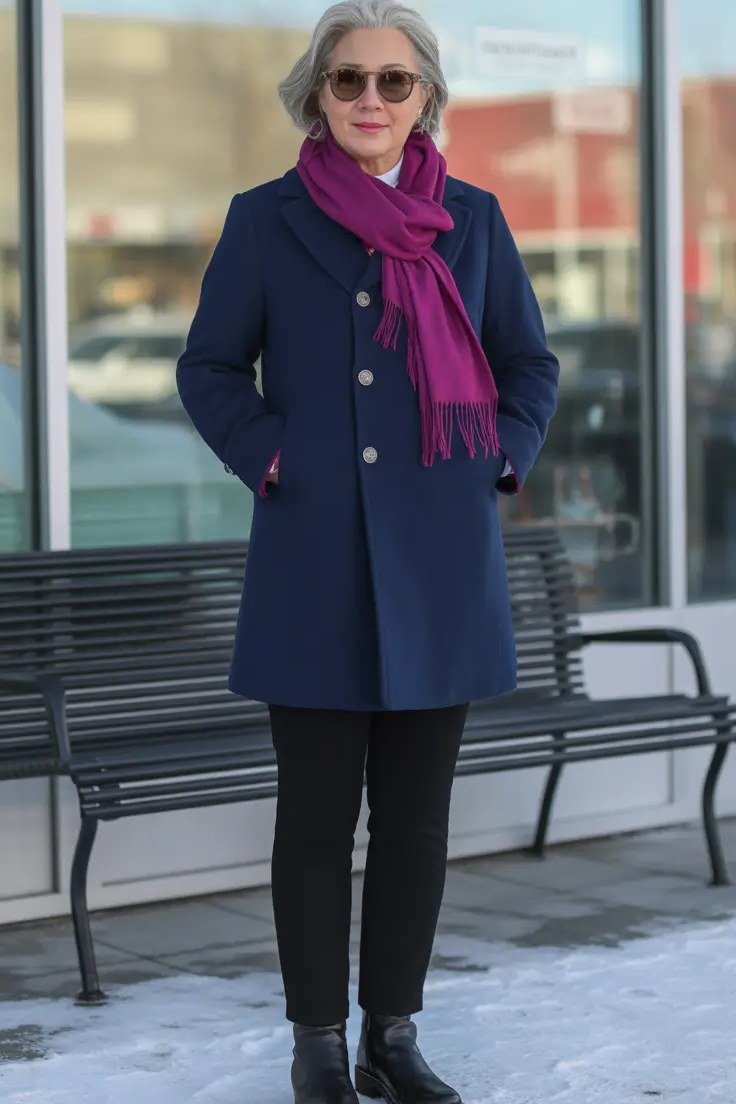 Navy Coat with Magenta Scarf in Snow winter outfit for women over 50