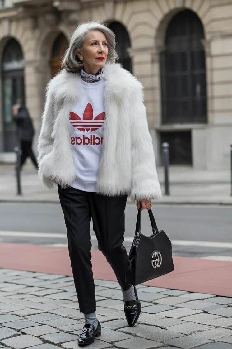 White Fur Jacket with Adidas Tee winter outfit for women over 50