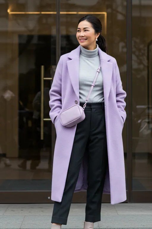 Lavender Wool Coat with Black Pants winter outfit for women over 50