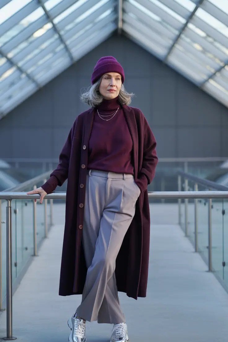 Burgundy Coat with Gray Pants in a Greenhouse winter outfit for women over 50