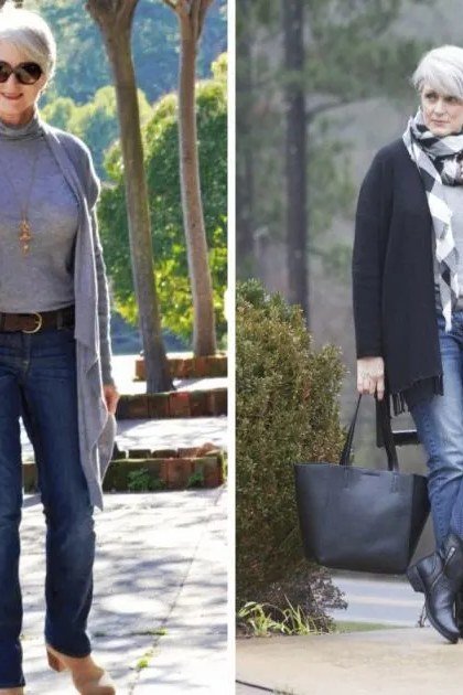 Winter outfit for women over 60: gray duster coat, blue jeans, sunglasses, older woman street style