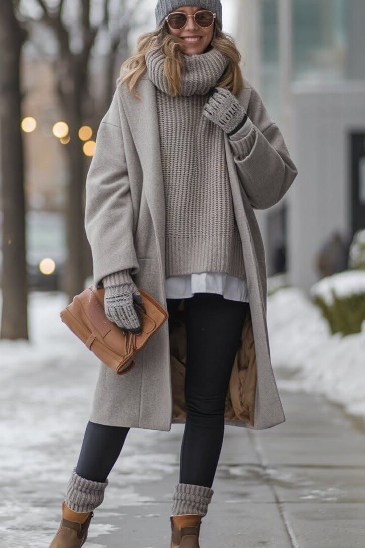 Winter outfit for women over 60: beige wool coat, gray knit, striped scarf, boots, snowy street