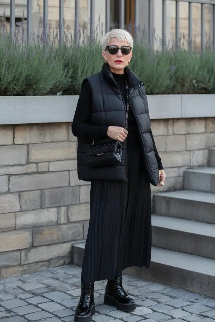 Winter outfit for women over 60: black puffer vest, black midi dress, black boots