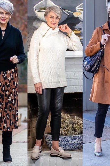Winter outfit for women over 60: 3-look collage: rust coat, white sweater black cardigan, leopard skirt