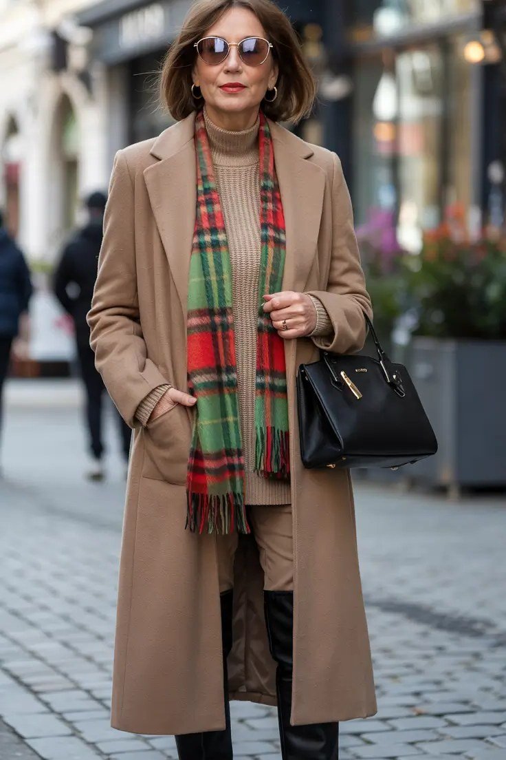 Winter outfit for women over 60: camel coat, plaid scarf, black handbag, city