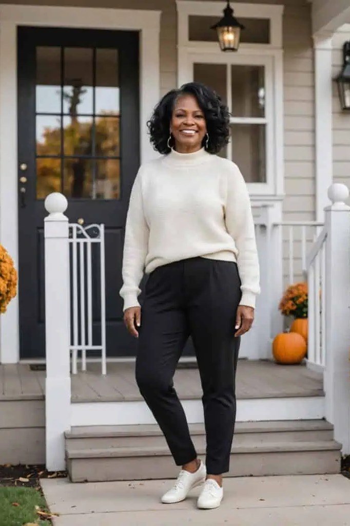 Winter outfit for women over 60: white sweater, black pants, white sneakers, fall porch