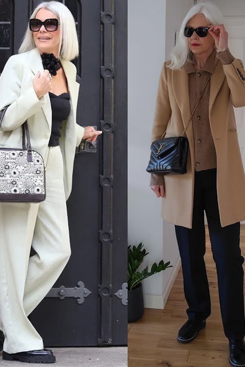 Winter outfit for women over 60: 4-look collage: brown poncho, camel coat, white suit, black coat
