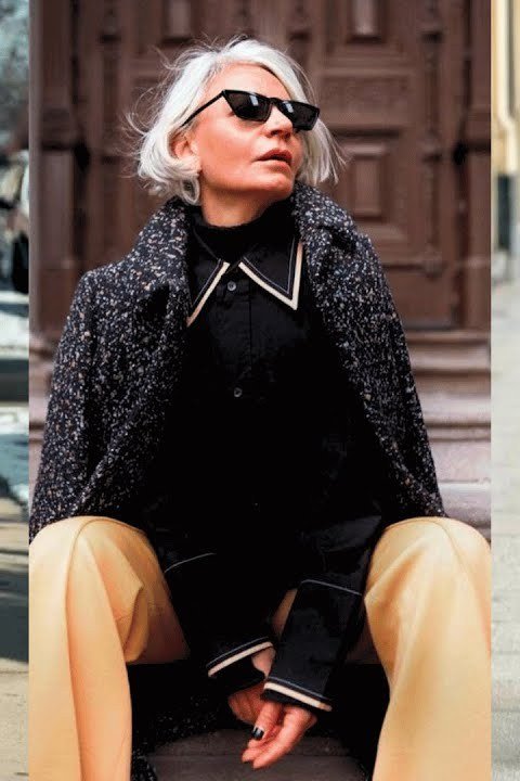 Winter outfit for women over 60: 3-look collage black coats with jeans