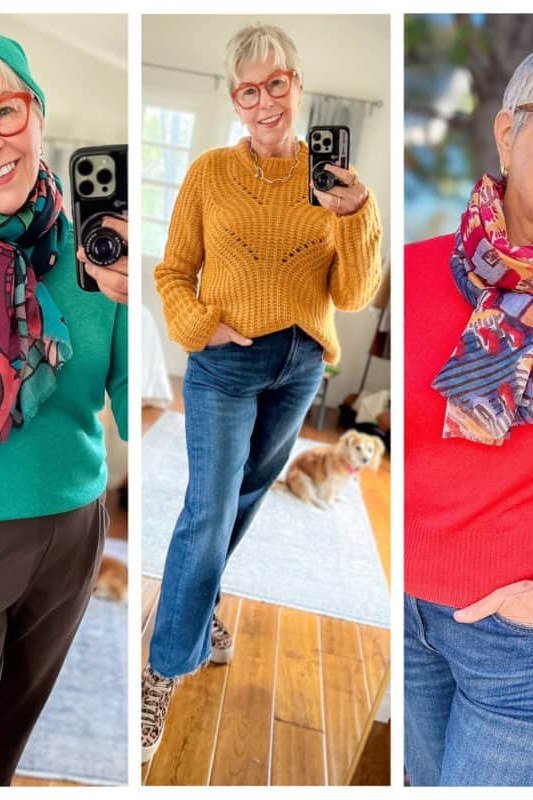 Winter outfit for women over 60: 3-look selfie collage: red, mustard, teal sweaters