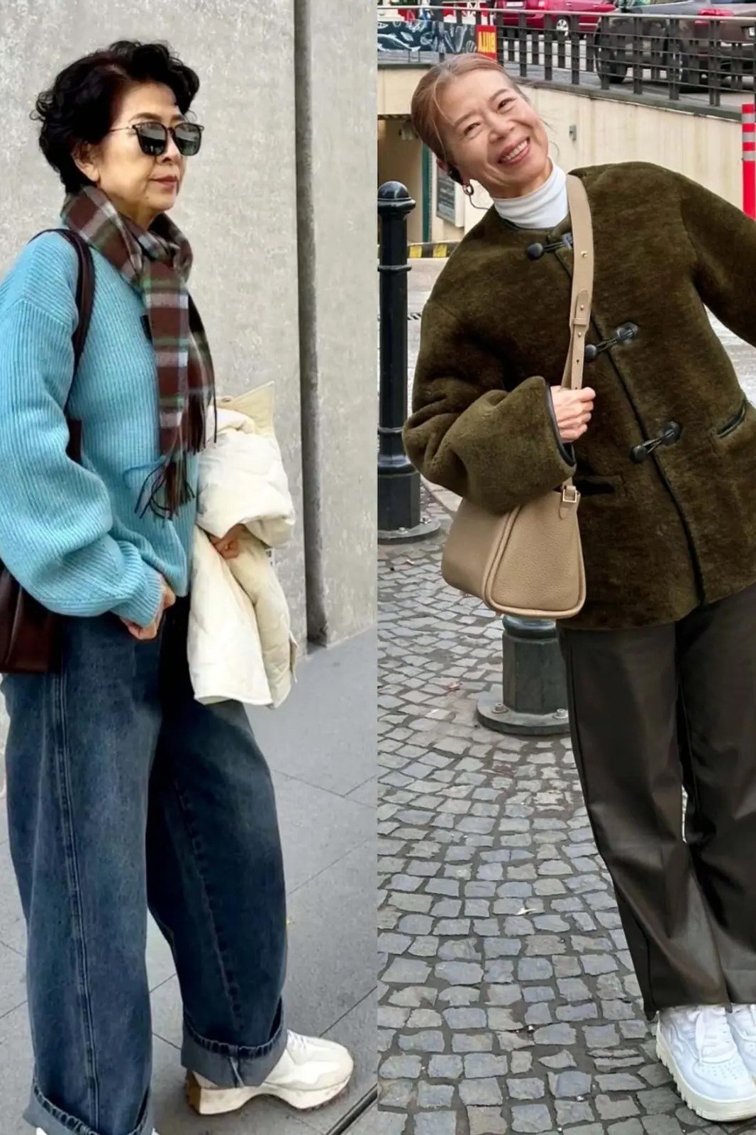 Winter outfit for women over 60: olive faux-fur coat, blue jeans, white sneakers, street