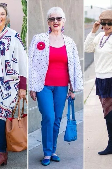 Winter outfit for women over 60: 3-look collage: white sweater blue pants, red top jeans, poncho