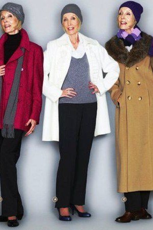 Winter outfit for women over 60: 3 women street style: tan coat, white puffer, red coat