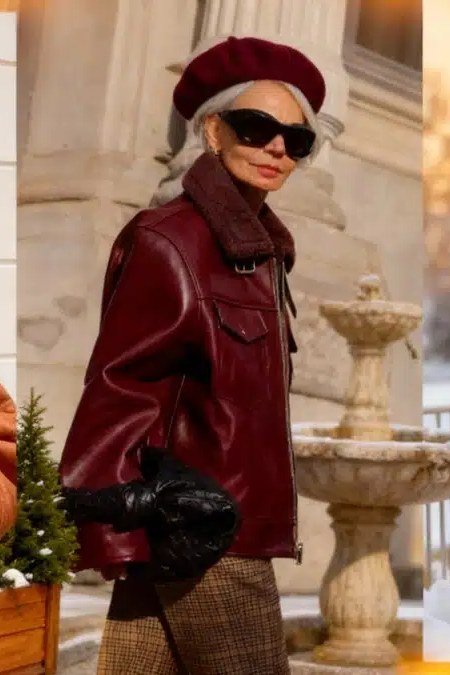 Winter outfit for women over 60: 3-look collage: green velvet, burgundy leather, tan coat