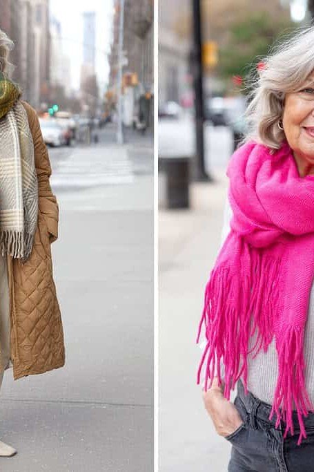 Winter outfit for women over 60: white faux-fur coat, white turtleneck, white boots