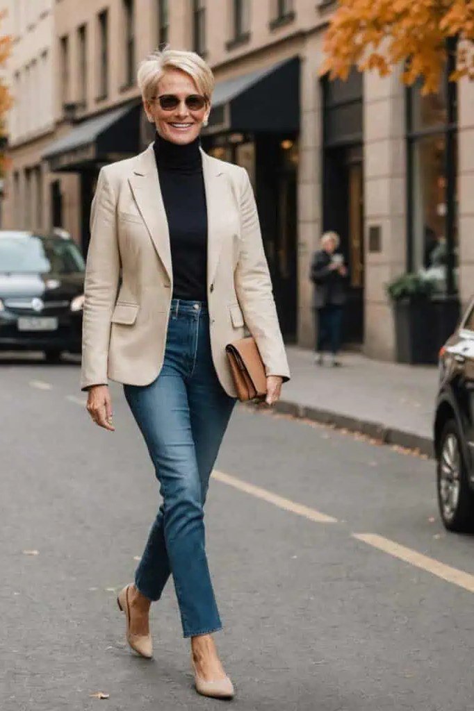 Winter outfit for women over 60: cream blazer, black turtleneck, blue jeans, tan loafers, city street