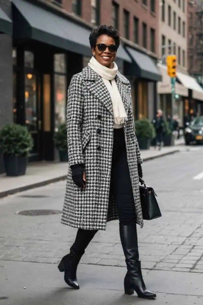Winter outfit for women over 60: houndstooth coat, white turtleneck, black skirt, boots