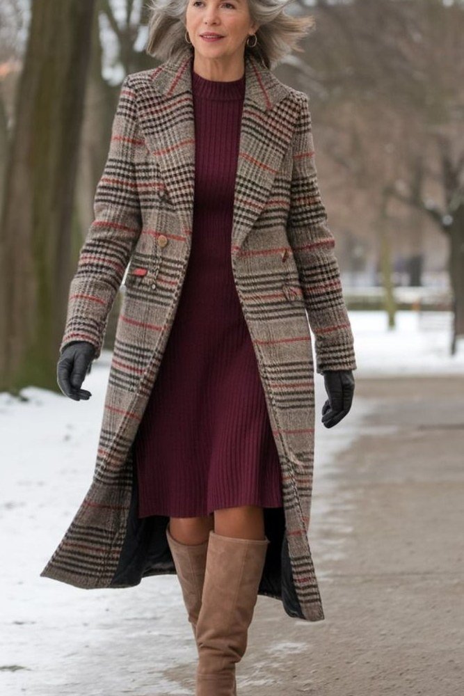 Winter outfit for women over 60: plaid wool coat, burgundy ribbed dress, tan knee boots, snow