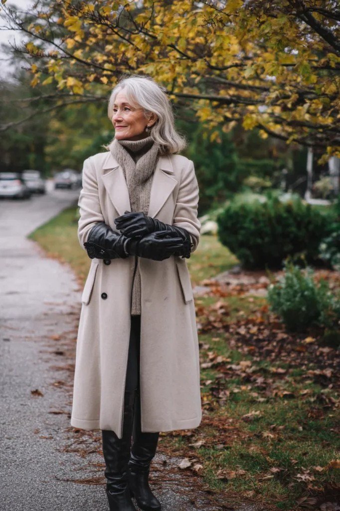 Winter outfit for women over 60: beige coat, scarf, gloves, autumn day